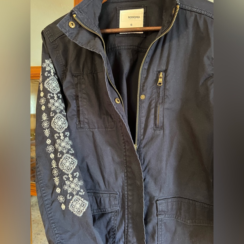 Sonoma Navy Utility Jacket with White Embroidered Sleeve